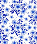 Three vertical panels of intricate blue and white floral patterns. The right panel combines abstract flowers and leaves. All patterns have a traditional, ornate style.