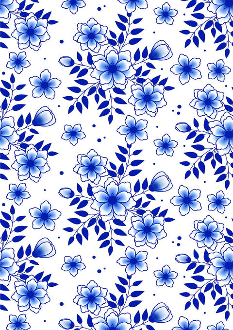Three vertical panels of intricate blue and white floral patterns. The right panel combines abstract flowers and leaves. All patterns have a traditional, ornate style.
