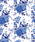 Three vertical panels of intricate blue and white floral patterns. The middle panel showcases larger flowers and birds. All patterns have a traditional, ornate style.