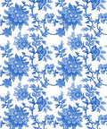 Three vertical panels of intricate blue and white floral patterns. The left panel features a dense floral design. All patterns have a traditional, ornate style.