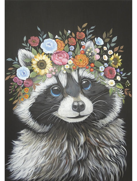 A whimsical painting of a raccoon with bright blue eyes and a crown of colorful flowers on its head. The background is solid black, making the raccoon's fur and the vibrant flowers stand out vividly.