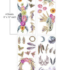 An assortment of whimsical botanical and celestial illustrations including flowers, moons, feathers, and butterflies in soft pastel colors. Along with animal skulls, moths, and wreaths. "4 Sheets. 6 in. x 12 in. each"