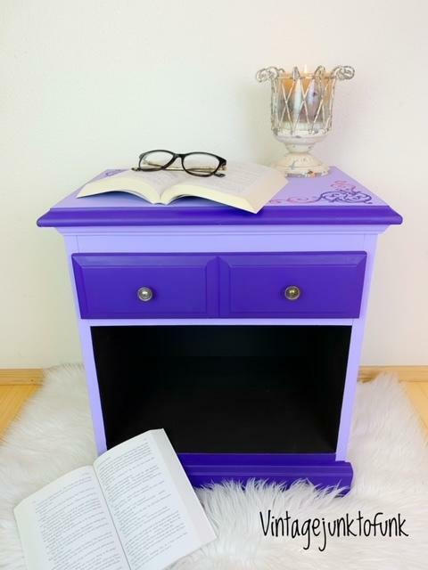 Dixie Belle Paint Amethyst Chalk Mineral Paint is the perfect paint for any DIY project! End table painted with our deep purple Amethyst Chalk Mineral Paint staged with a book, reading glasses and a book.