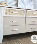 Dixie Belle Paint Burlap Chalk Mineral Paint is the perfect paint for any DIY project!
Dresser drawers painted in Burlap Chalk Mineral Paint with two cane drawers as the 2 top drawers. Staged on top of a brown woven rug.