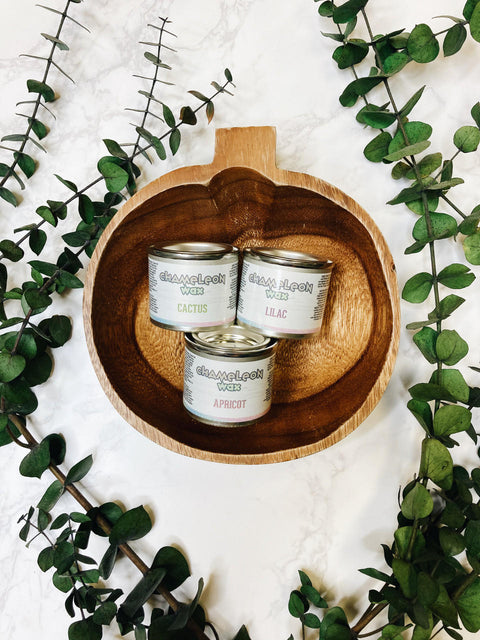Dixie Belle Paint Chameleon Wax gives your furniture DIY project an iridescent glow and is sheer wax utilized to unveil the  highlight of your project!
Image shows 3 containers of  Chameleon Wax in Cactus,Lilac, and Apricot, inside a wooden pumpkin shaped bowl with greenery around bowl on a white background.
