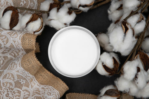 Dixie Belle Paint Cotton Chalk Mineral Paint is the perfect paint for any DIY project!
In this picture you look directly down on the can of cotton CMP.  It rests on a black, matte surface.  Coming in from the right side of the picture are branches of real cotton.  All the cotton is bursting out of their pods.  on the left of the paint and going all the way to the edge of the picture is a burlap fabric with white lace over the top.