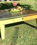 Dixie Belle Paint Limeade Chalk Mineral Paint is the perfect paint for any DIY project!
A coffee table painted half with Limeade and the other with Florida Orange with a Patina copper paint and Green Patina Spray hardware. Staged outside on grass,  green apples and red apple are seen on top of the piece.