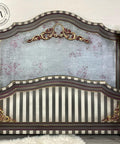 Dixie Belle Paint Manatee Gray Chalk Mineral Paint is the perfect paint for any DIY project! Light Gray Chalk Painted Head Board with Stencils and Black stripes.