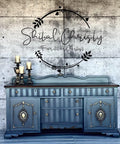 Dixie Belle Paint Midnight Sky Chalk Mineral Paint is the perfect paint for any DIY project! Black Chalk painted Dresser with black and grey stripes painted on front. Staged with three candle stick holders with candles on top.