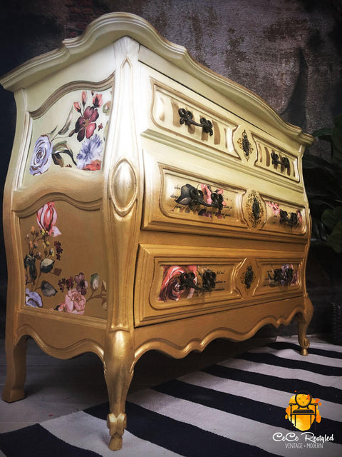Moonshine metallic is the perfect paint to add shimmer and shine to your chalk painted furniture. Light and dark gold metallic chalk mineral painted dresser with floral rub on transfers.