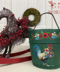 Dixie Belle Paint Palmetto Chalk Mineral Paint is the perfect paint for any DIY project! Green chalk painted wood pale, with chicken and flower rub on transfers. Staged next to  a toy rocking horse.