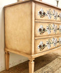 Dixie Belle Paint Pine Cone Chalk Mineral Paint is the perfect paint for any DIY project! Light brown Chalk mineral painted dresser Side view blended with a darker brown with cotton rub on transfers in the front.