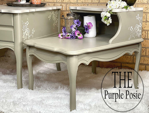 Dixie Belle Paint Sawmill Gravy Chalk Mineral Paint is the perfect paint for any DIY project! This bedside table that is painted in sawmill gravy with stenciled roses in white.