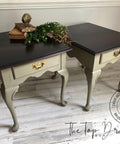 Dixie Belle Paint Spanish Moss Chalk Mineral Paint is the perfect paint for any DIY project! 2 elegant side tables with a dark wooden top and painted in spanish moss chalk mineral paint.