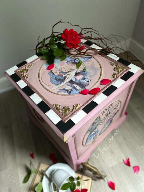 Dixie Belle Paint Tea Rose Chalk Mineral Paint is the perfect paint for any DIY project!
Top view of Chest  painted in Tea Rose Chalk Mineral Paint with a checkered border at the top with Alice Transfer on the top panel  and on the front side. Staged with red rose and vines.