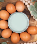 Dixie Belle Paint Vintage Duck Egg Chalk Mineral Paint is the perfect paint for any DIY project!  Top view of an open jar of Vintage Duck Egg Chalk Mineral Paint sitting on a circular piece of wood with brown eggs surrounding it and white beads and green foliage around the eggs.