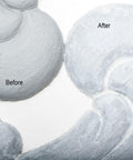 Dixie Belle Paint Whitewash Glaze. Two pieces of white chalk painted decorative appliques, one without glaze and one with glaze applied, with a white background.