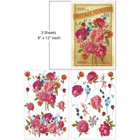 Various colorful vintage flower illustrations scattered around a vintage seed packet label reading "vintage flowers" featuring lush, detailed pink peonies. On the seed packet it reads, "Featuring Burgundy Peonies. Vintage Flowers Seed Packet. Dixie Seed Co. Established 2014" "3 Sheets- 8 in. x 12 in. each"