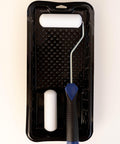 Image of Smooth Roller Kit. One black tray with a blue and black handled roller with a white sponge paint roller on the metal arm. One extra white sponge roller resting in the tray.
