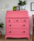 Bright pink painted secretary desk with black floral knobs, styled with books, greenery, framed artwork, and decorative accents in a cozy interior.