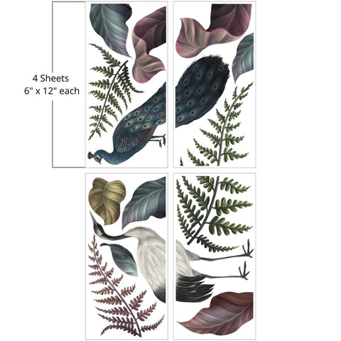 Image of Elegant Avian Floral Transfer. A large white and black crane to the left of a blue peacock. With purple, green, and blue leaves and branches. "4 Sheets - 6 in. x 12 in. each"