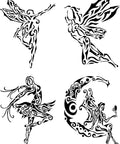 Belles and Whistles Fairies - Stencil provides an extra decorative touch to any project! Stencil containing 4 separate designs on fairies flying. One fairy is sitting on a crescent moon holding a butterfly.
