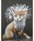 A detailed painting of a young fox sitting upright against a dark background. The fox has vibrant fur in shades of orange, white, and black and is adorned with a colorful crown of flowers and leaves on its head, featuring hues of pink, blue, purple, and white.