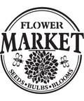 A circular emblem with the words "Flower Market" in bold, featuring a central floral design with two bees. The border has "Seeds," "Bulbs," and "Blooms" written around the bottom.