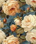 Pattern of large, blooming cream and peach roses with green leaves on a muted blue background. Some buds are closed, adding contrast to the full blooms, creating an elegant and vintage floral design.