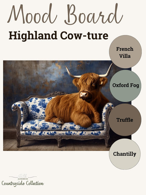 A mood board titled "Highland Cow-ture" featuring a Highland cow lying on a blue and white floral sofa, with four color swatches: French Villa, Oxford Fog, Truffle, and Chantilly.