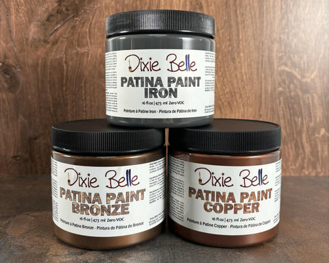 Dixie Belle Paint Patina Paint creates real rust! 16 oz. Iron, Copper and Bronze Patina Paint stacked.