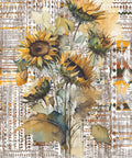 A vibrant watercolor painting of sunflowers against a patterned, abstract background with various geometric shapes and textures in shades of beige, green, and yellow.