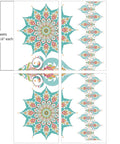 Image of the Kaleidoscope Transfer, Two sunburst pattern with blue, teal, green, and orange symmetrical patterns. A line of ornaments type patterns. In the center is a split symmetrical single vase pattern with the blue, green, orange and teal color pattern. "4 Sheets - 12 in. x 18.6 in. each"