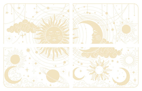 Image of Lani's Celestial Dream Transfer. A sun with many sunrays coming off of it, next to a crescent moon sitting on a cloud. Below them are other suns and moons and an image of Saturn. There are beads hanging down from the top crisscrossing throughout the image. There are stars all throughout the transfer.