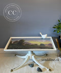Belles and Whistles Late Aurora - A1 Rice Decoupage Paper , tv tray that the trim is painted in Chalk Mineral paint in Fluff and the Late Aurora Rice Decoupage Paper on top with a small bird on the upper right corner for staging.