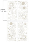 Image of Lunar Solstice Transfer. On the left, there is a crescent moon next to a cloud, surrounded by stars, clouds, Saturn, and suns. On the right, there is a sun surrounded by stars, clouds, Saturn, and more suns. "4 Sheets - 6 in. x 12 in. each"