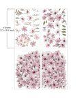 An artistic display of delicate purple flowers and green leaves arranged in a gradient from dense floral clusters on the left to isolated blooms and sprigs on the right. "4 Sheets- 12 in. x 18.6 in. each"