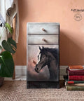 Black, tan, and white painted nightstand with the horse's face of the Majestic Horse decoupage paper applied on the front drawers.