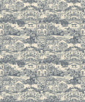 A seamless vintage wallpaper pattern featuring bucolic scenes with houses, trees, a bridge, and a river, styled in shades of blue and white.