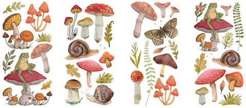 Image of Mr. Toad's Happy Place Transfer. Mushrooms, grass, leaves, snails, and butterflies. With a frog sitting on top of two of the mushrooms. Cottagecore type design.