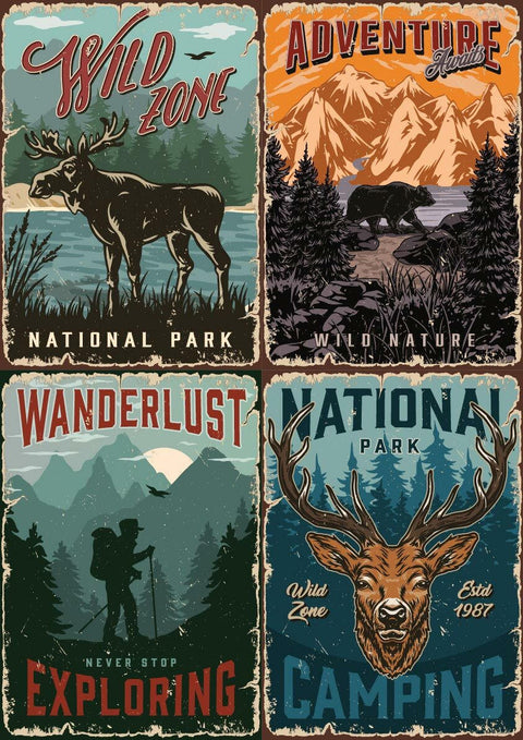 Image of National Parks A3 Rice Decoupage Paper. A vintage-style quadriptych featuring four posters, each with a distinct graphic of wildlife and outdoor scenes, and phrases like "Wild Zone, National Park" "Adventure Awaits, Wild Nature" "Wanderlust, Never Stop Exploring," and "National Park Camping, Wild Zone Estd. 1987."