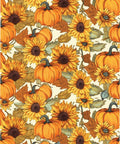 Three panels of fall-themed patterns: the third displays sunflowers and pumpkins on an orange background.
