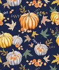 Three panels of fall-themed patterns: the first features pumpkins and flowers on a dark blue background.