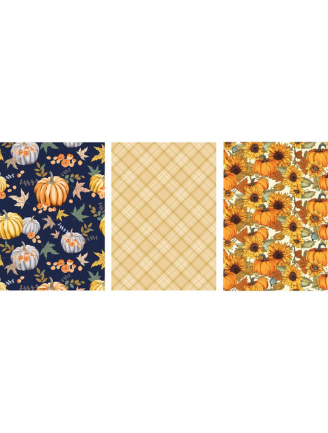 Three panels of fall-themed patterns: the first features pumpkins and flowers on a dark blue background, the second has a beige and yellow plaid design, and the third displays sunflowers and pumpkins on an orange background.