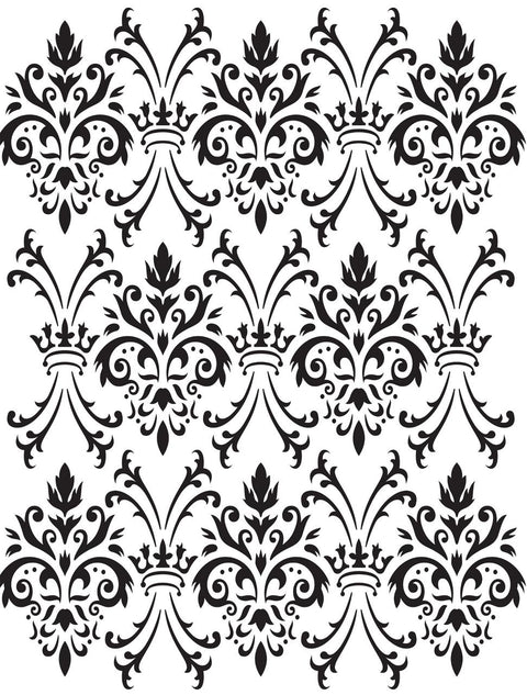 Belles and Whistles Royal Damask - Stencil provides an extra decorative touch to any project! An intricate black and white damask pattern, featuring symmetrical floral and foliage motifs arranged in a repetitive, ornate design. The pattern includes elegant curves and swirls, creating a classic, sophisticated look.
