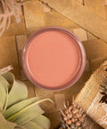 Desert Rose Silk All-In-One paint is perfect for painting kitchen cabinets, bathroom cabinets and painting furniture
This is a picture of the Desert Rose Silk All-In-One paint taken looking directly down on the paint.  Around the paint container are dried leaves and flowers.  It all rests on a wicker mate.  There is a piece of burlap under a dried flower.  The burlap has some white stenciling on top.