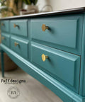 Mirage Silk All-In-One paint is perfect for painting kitchen cabinets, bathroom cabinets and painting furniture. Blue Green Silk All-In-One paint long dresser with gold hardware.