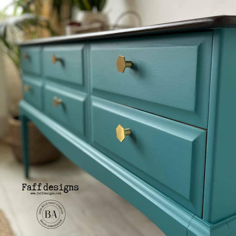 Mirage Silk All-In-One paint is perfect for painting kitchen cabinets, bathroom cabinets and painting furniture. Blue Green Silk All-In-One paint long dresser with gold hardware.