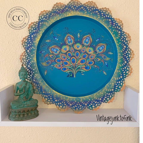 Oasis Silk All-In-One paint is perfect for painting kitchen cabinets, bathroom cabinets and painting furniture. Blue chalk painted wall plate décor with peacock transfer.