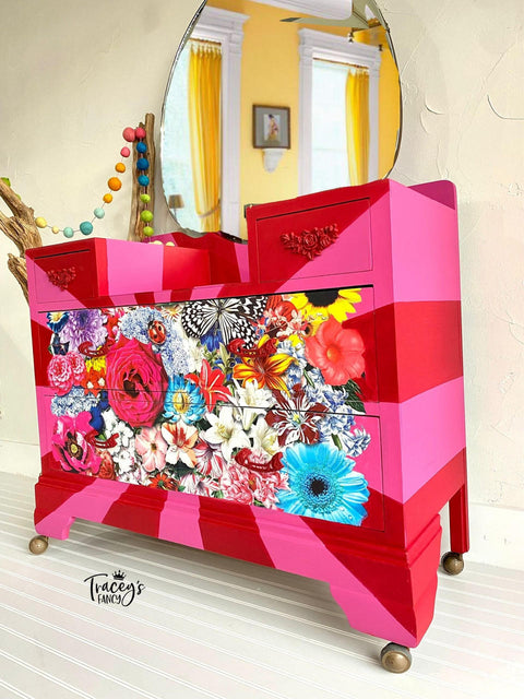 Prickly Pear Silk All-In-One paint is perfect for painting kitchen cabinets, bathroom cabinets and painting furniture. Red and pink striped chalk painted vanity with floral rub on transfers.